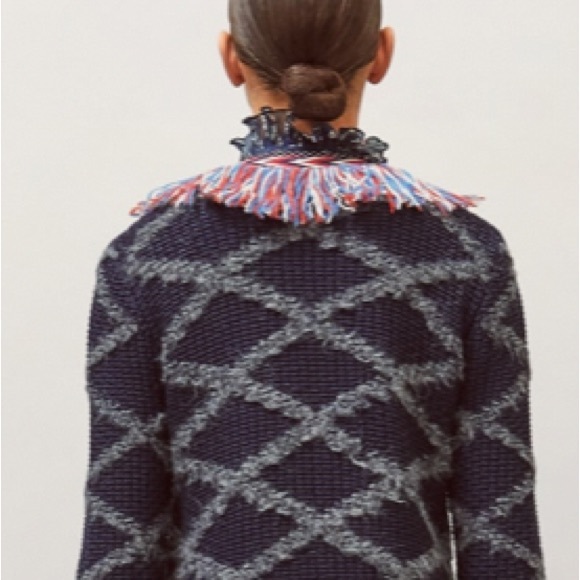 TORY BURCH TWEED TRIM LONG WOOL CARDIGAN WITH ALLOVER FRINGE IN TORY NAVY SIZE S - Picture 8 of 8